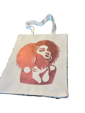 Canvas Tote Bag with Afro Woman Graphic Print, Natural, Reusable Shoulder Bag
